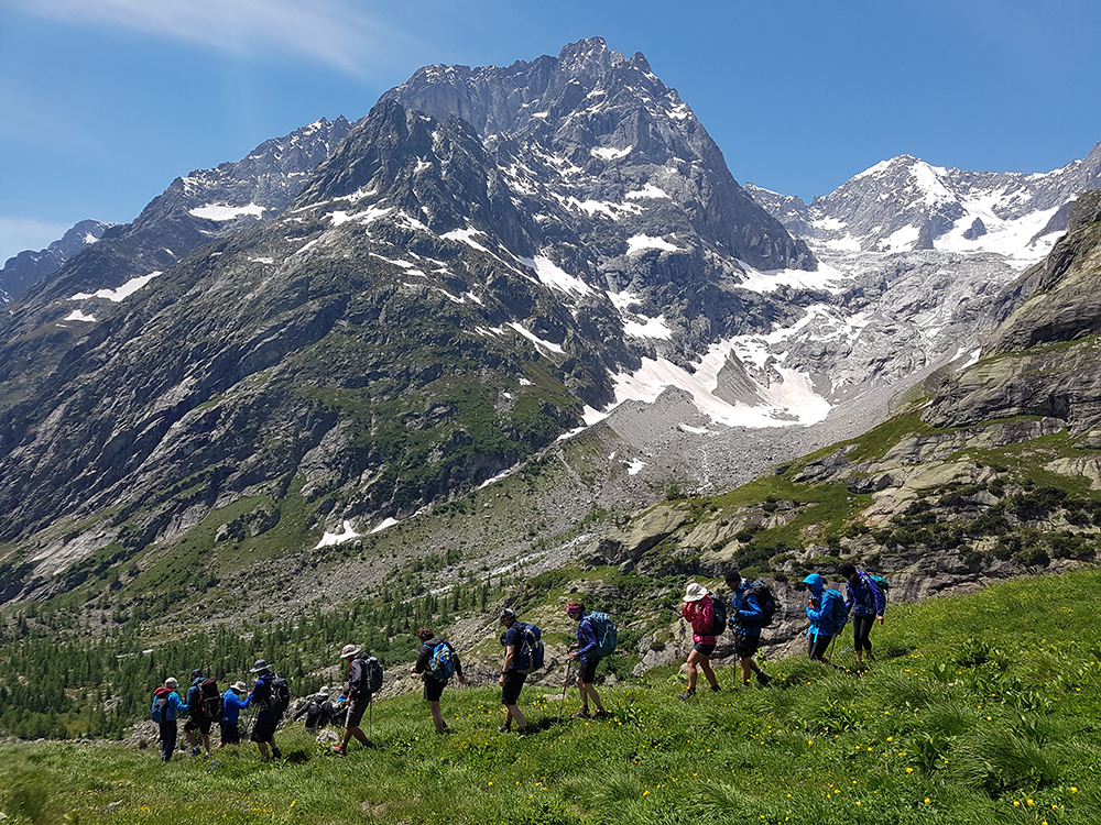 A group of hikers walks along a grassy mountain trail, surrounded by rocky, snow-capped peaks under a clear blue sky.